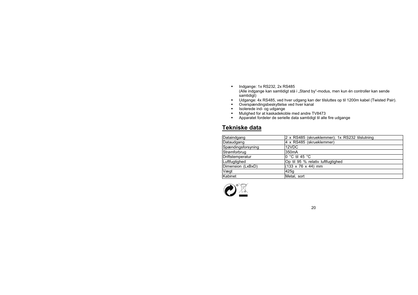 Tekniske data | ABUS TV8473 User Manual | Page 20 / 25