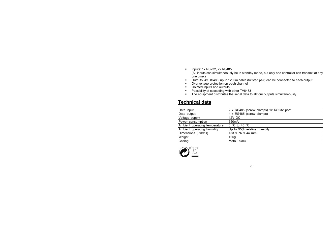 Technical data | ABUS TV8473 User Manual | Page 8 / 25