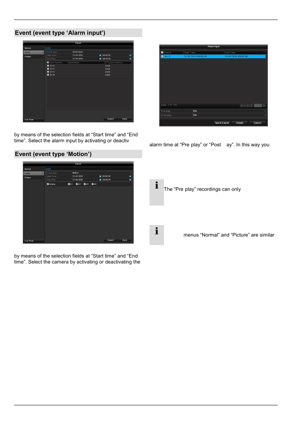 Video export, Event (event type ‘alarm input’), Event (event type ‘motion’) | ABUS TVVR60021 User Manual | Page 122 / 394