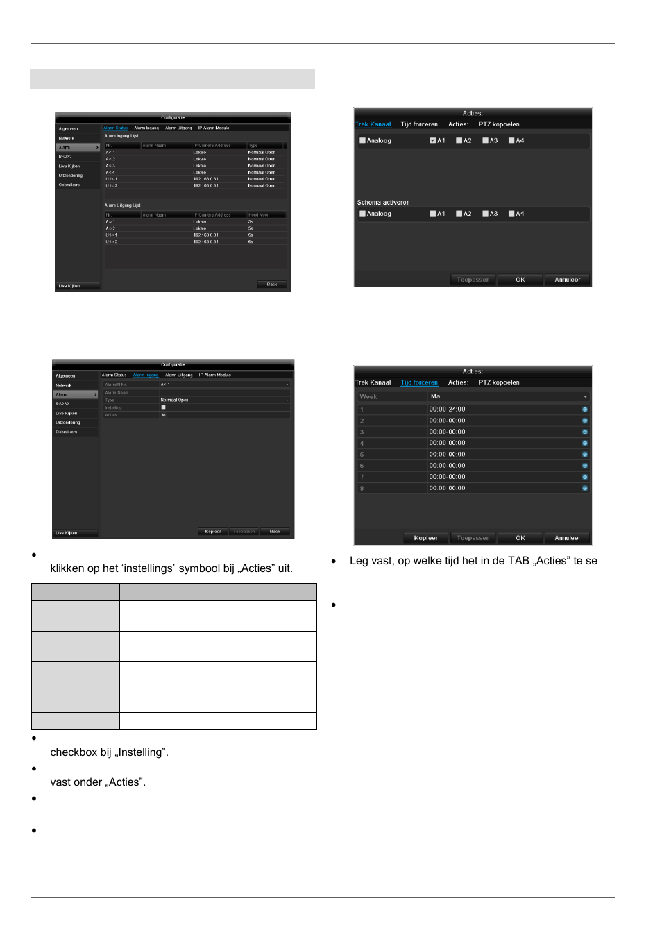 Hoofd menu, Alarm alarm status, Alarm ingang | Acties | ABUS TVVR60021 User Manual | Page 166 / 394