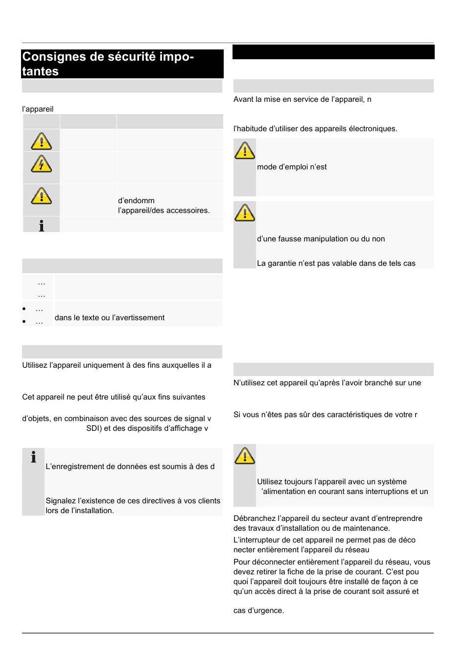 Consignes de sécurité impo- tantes, Consignes de sécurité impotantes, Explication des symboles | Utilisation appropriée, Généralités, Alimentation en courant | ABUS TVVR60021 User Manual | Page 209 / 394