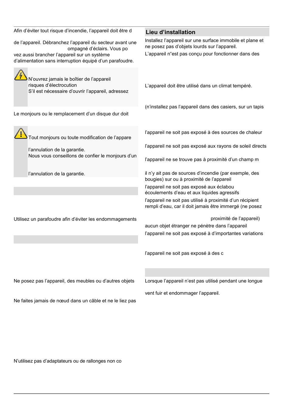 Consignes de sécurité impotantes, Surcharge/surtension, Câbles | Lieu d’installation/environnement, Télécommande | ABUS TVVR60021 User Manual | Page 210 / 394