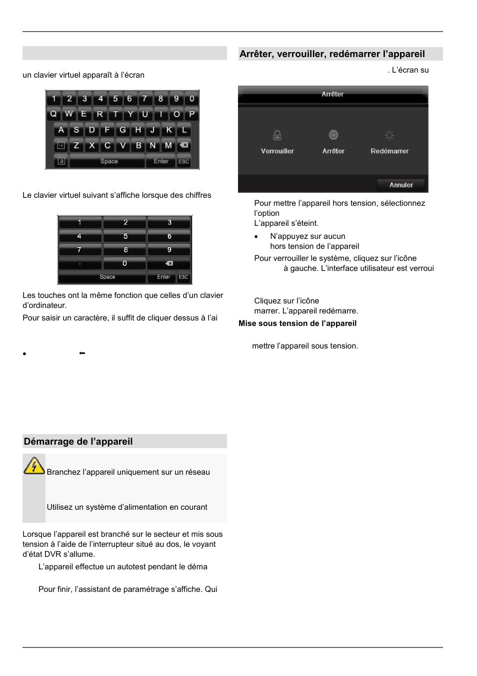 Préface, Clavier virtuel, Démarrage de l’appareil | Arrêter, verrouiller, redémarrer l’appareil | ABUS TVVR60021 User Manual | Page 213 / 394