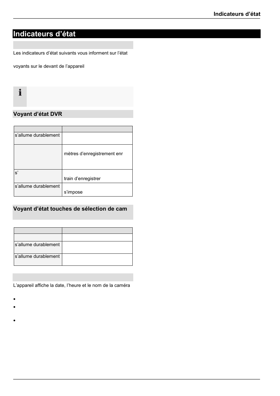 Indicateurs d’état, Généralités, Voyant d’état dvr | Voyant d’état touches de sélection de camé- ra, Indicateurs sur le moniteur | ABUS TVVR60021 User Manual | Page 214 / 394