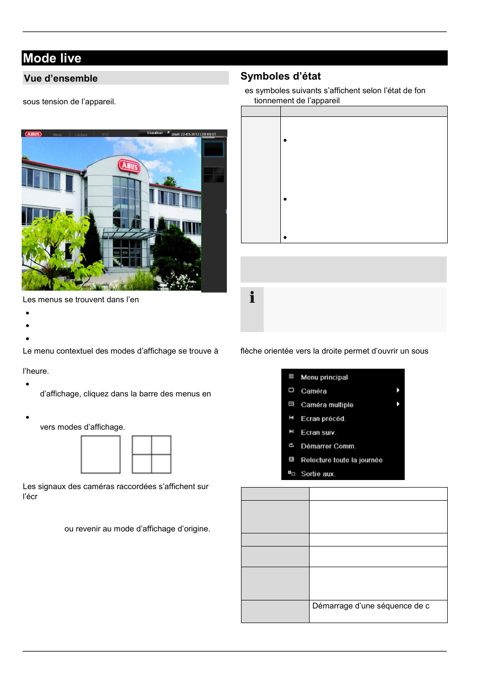 P. 218, Symboles d’état, Mode live | Vue d’ensemble, Menu contextuel en cas de commande à la souris | ABUS TVVR60021 User Manual | Page 218 / 394