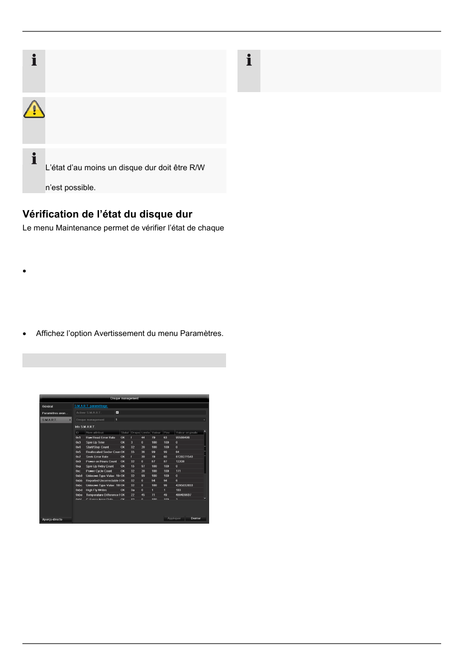Vérification de l’état du disque dur, Configuration des alertes de disque dur, Disque management | S.m.a.r.t | ABUS TVVR60021 User Manual | Page 245 / 394