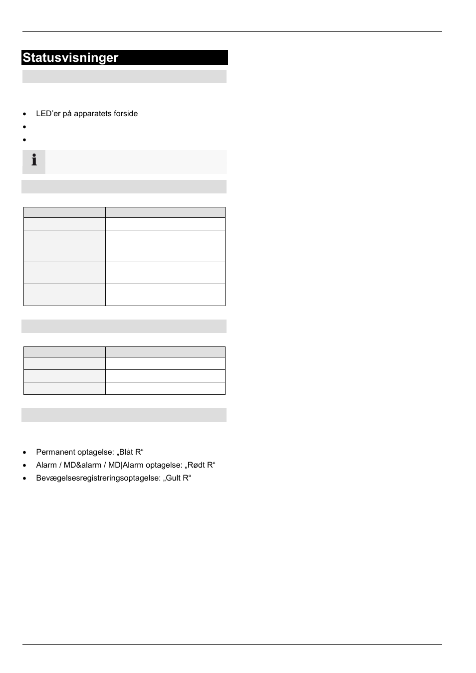 Statusvisninger, Generelt, Dvr status-led | Taster til valg af kamera status-led, Visninger på monitoren | ABUS TVVR60021 User Manual | Page 279 / 394