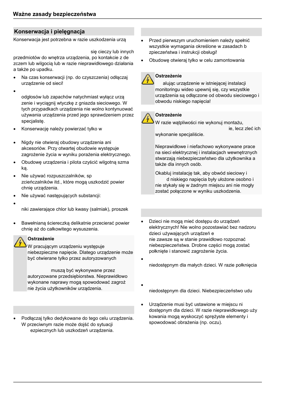 Ważne zasady bezpieczeństwa, Konserwacja i pielęgnacja, Akcesoria | Uruchomienie, Dzieci | ABUS TVVR60021 User Manual | Page 338 / 394