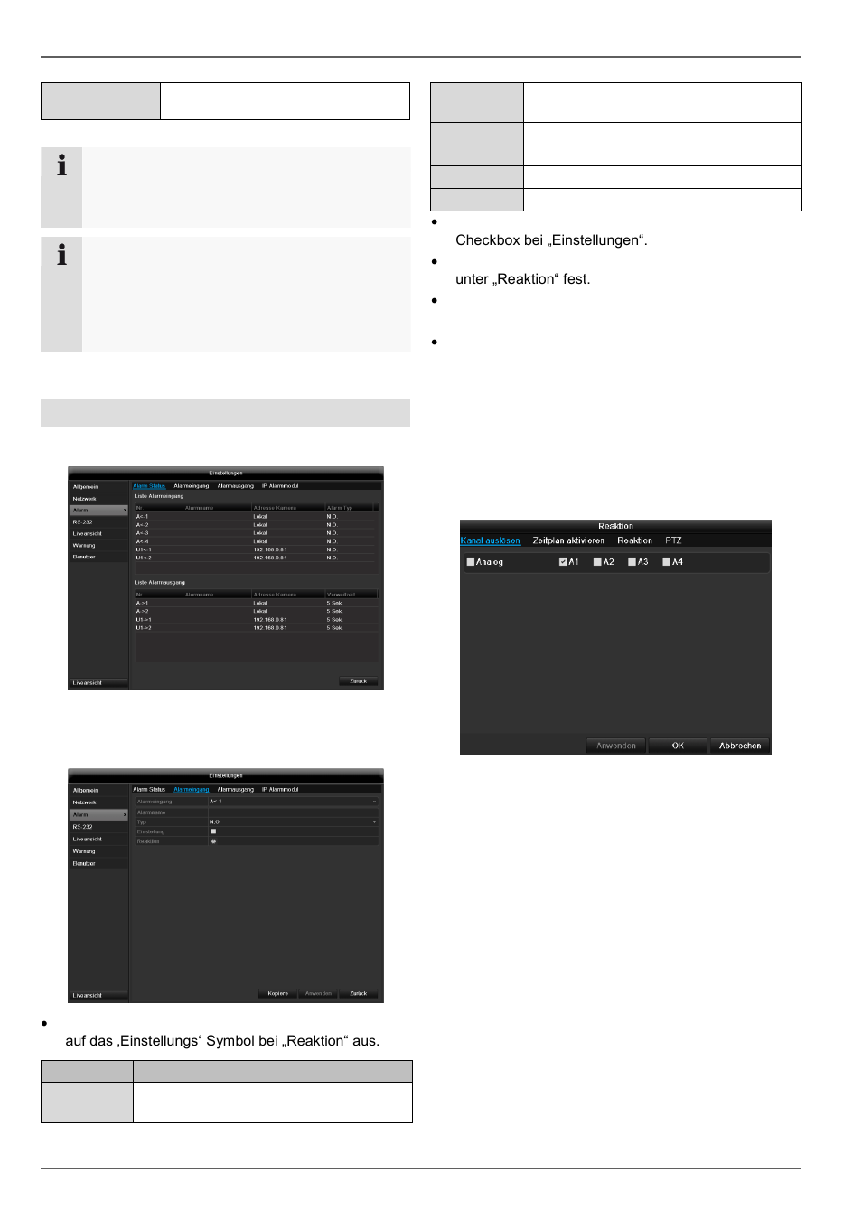 Konfiguration, Alarm alarm status, Alarmeingang | Reaktion | ABUS TVVR60021 User Manual | Page 35 / 394