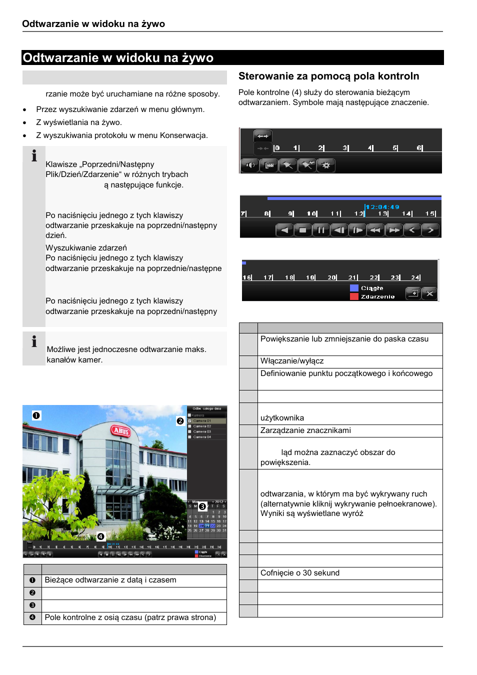 Ekran odtwarzania, Sterowanie za pomocą pola kontrolnego, Odtwarzanie w widoku na żywo | Ogólne | ABUS TVVR60021 User Manual | Page 352 / 394