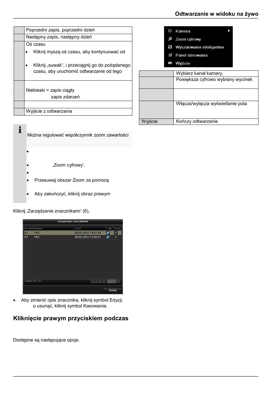 Kliknięcie prawym przyciskiem podczas odtwarzania, Odtwarzanie w widoku na żywo | ABUS TVVR60021 User Manual | Page 353 / 394