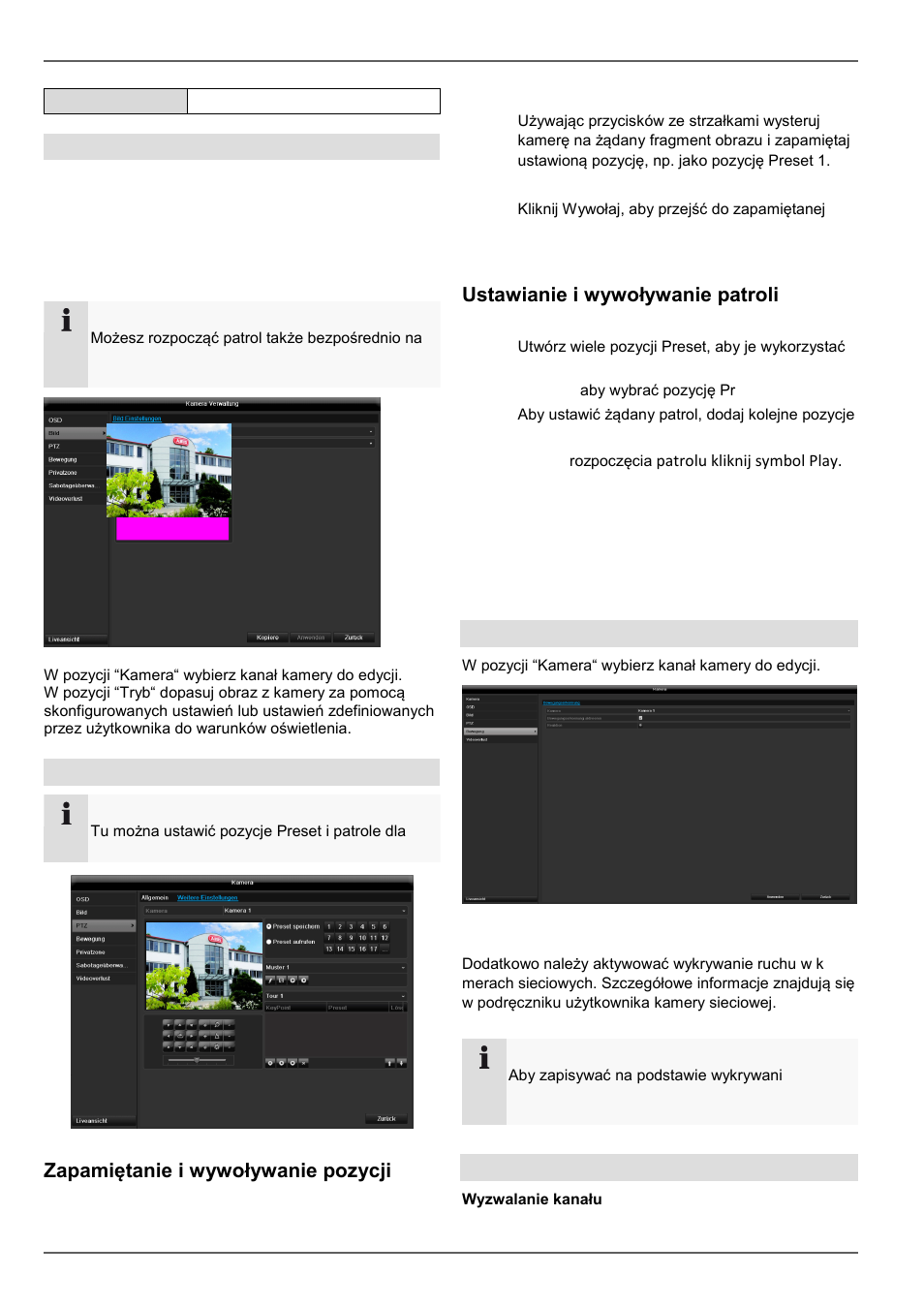 Zapamiętanie i wywoływanie pozycji preset, Ustawianie i wywoływanie patroli, Konfiguracja | Obraz, Ruch, Reakcja | ABUS TVVR60021 User Manual | Page 369 / 394