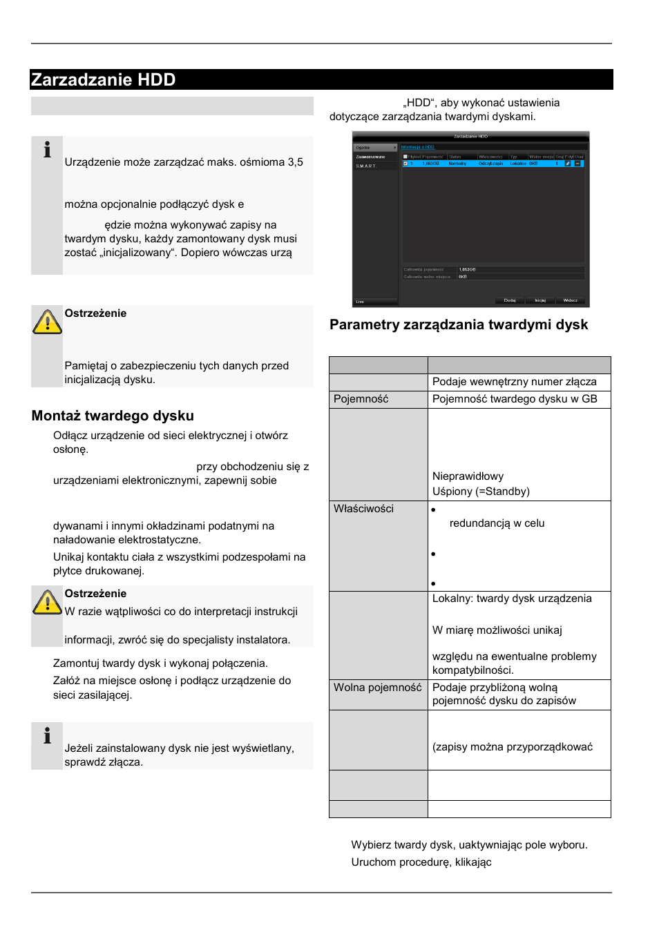 Montaż twardego dysku, Parametry zarządzania twardymi dyska- mi, Zarzadzanie hdd | Twarde dyski | ABUS TVVR60021 User Manual | Page 375 / 394