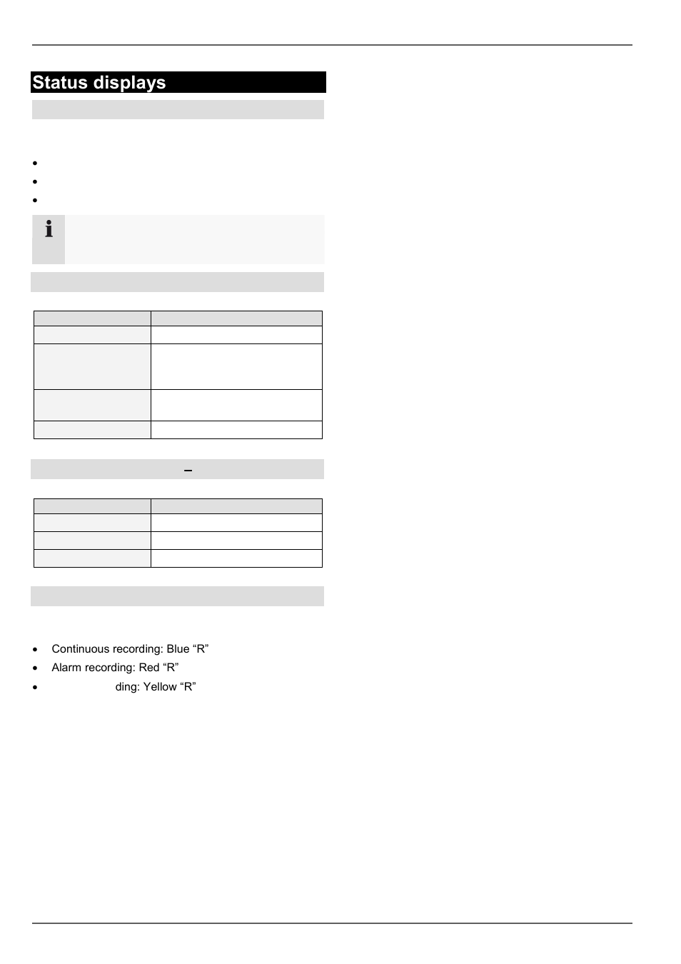 Status displays, General information, Dvr status led | Camera selection keys – status led, Displays on the monitor | ABUS TVVR60021 User Manual | Page 83 / 394