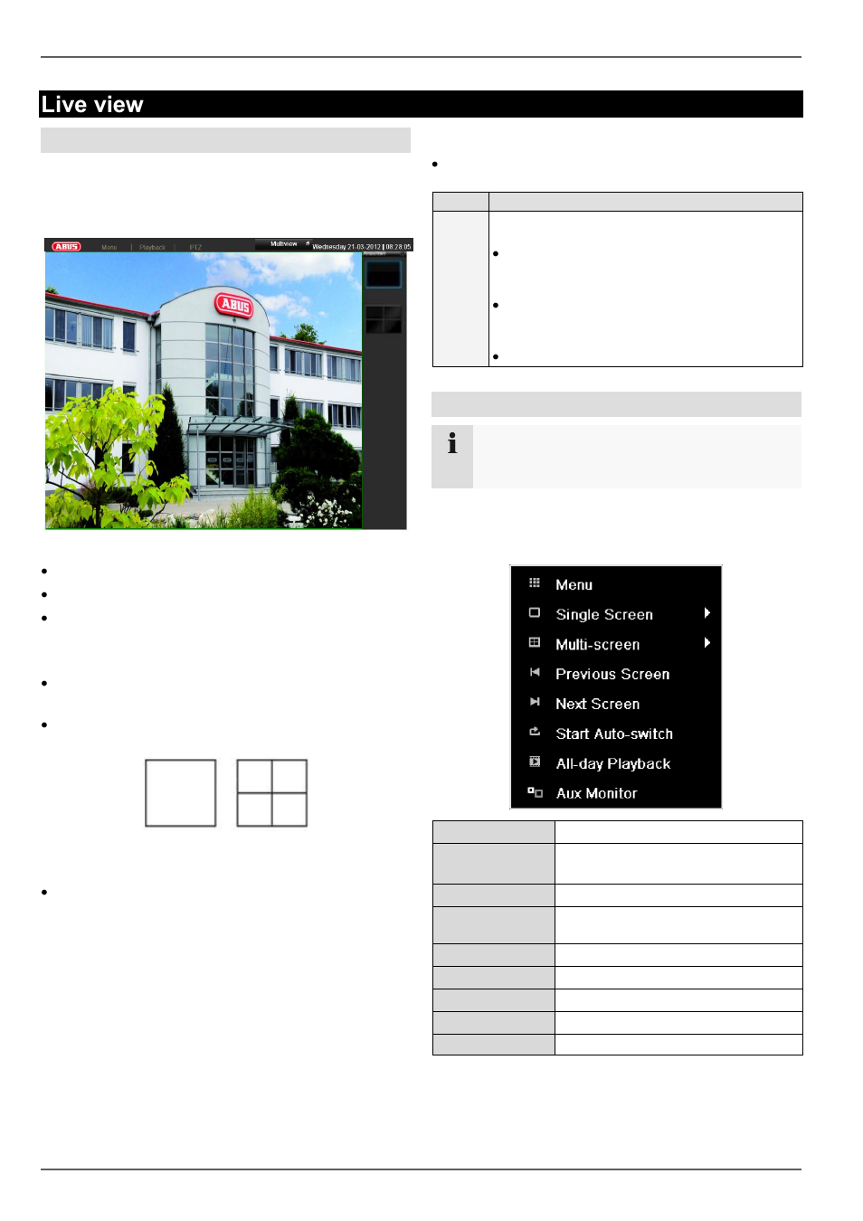 Status symbols, Live view, Overview | Pop-up menu for mouse operation | ABUS TVVR60021 User Manual | Page 87 / 394