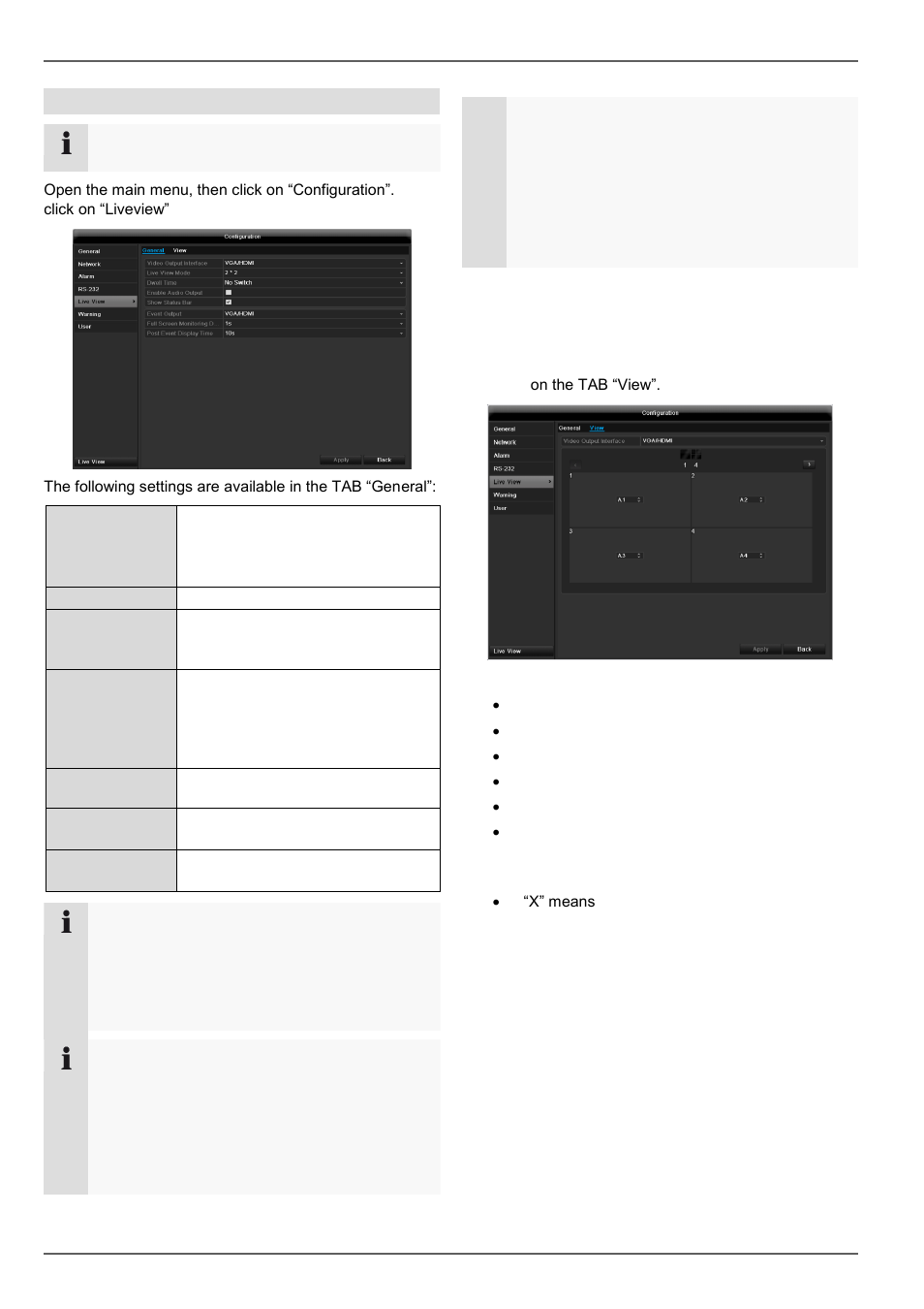 Setting the camera output, Live view, Settings | ABUS TVVR60021 User Manual | Page 89 / 394
