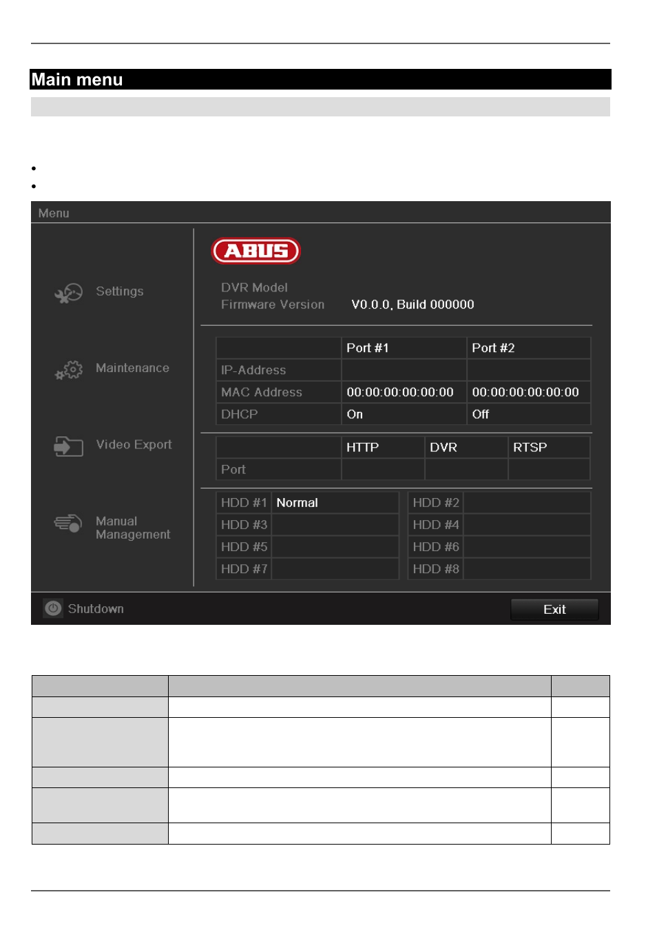 Main menu, Menu description | ABUS TVVR60021 User Manual | Page 92 / 394