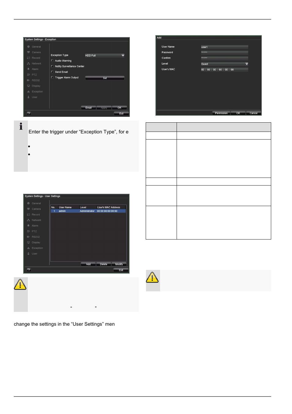 System settings: exception, System settings: user, Device menu | ABUS TVVR20001 User Manual | Page 102 / 313