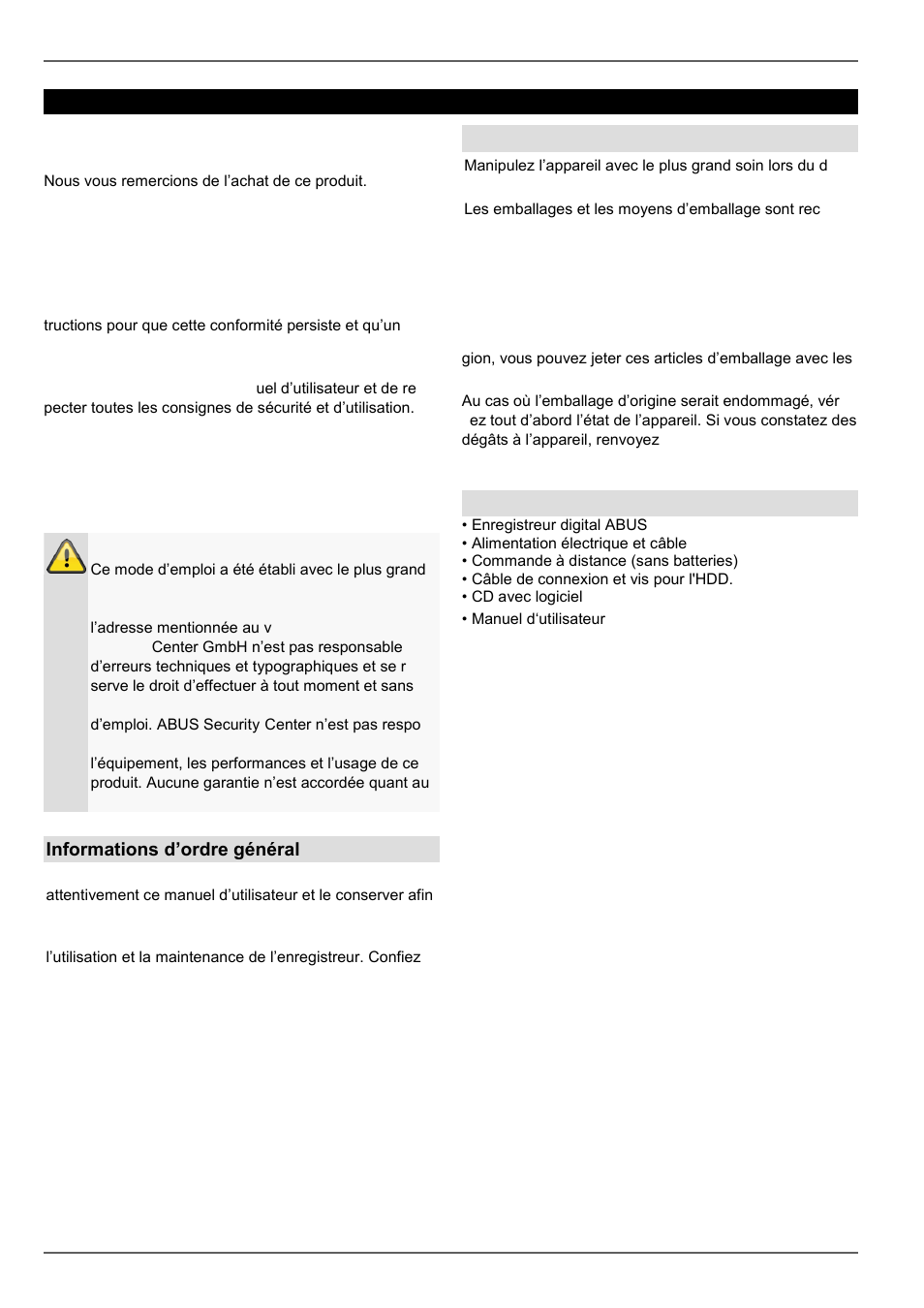Préface, Informations d’ordre général, Déballage | Contenu de la livraison | ABUS TVVR20001 User Manual | Page 135 / 313