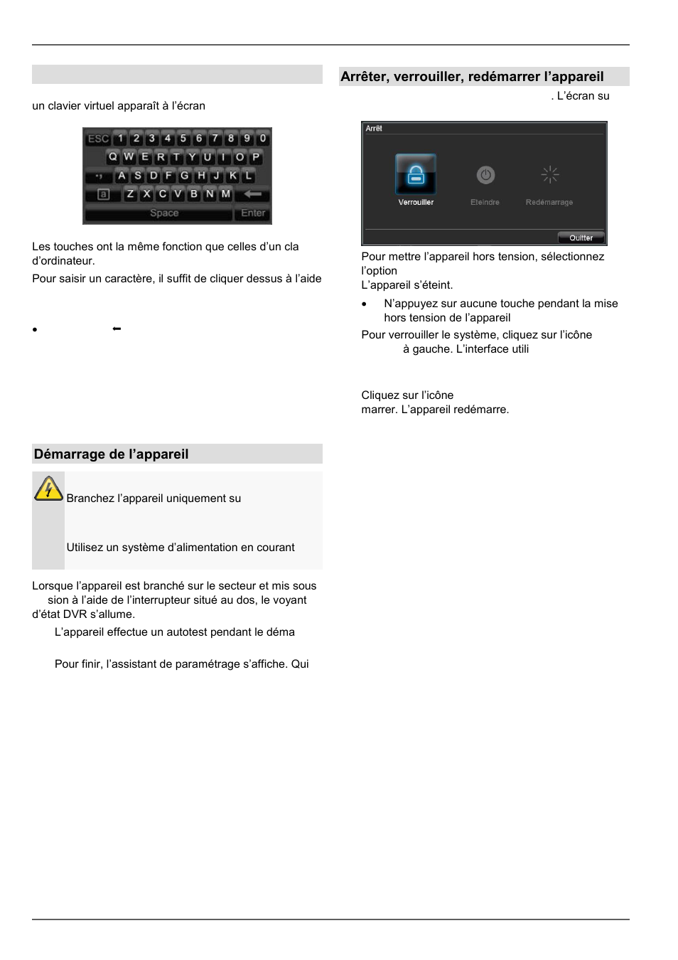 Commande du système, Clavier virtuel, Démarrage de l’appareil | Arrêter, verrouiller, redémarrer l’appareil | ABUS TVVR20001 User Manual | Page 138 / 313