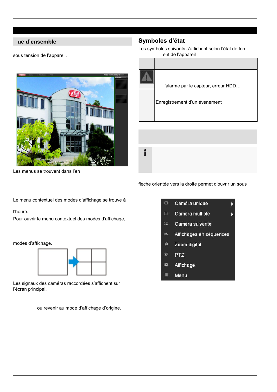 P. 18, Symboles d’état, Mode live | Vue d’ensemble, Menu contextuel en cas de commande à la souris | ABUS TVVR20001 User Manual | Page 141 / 313