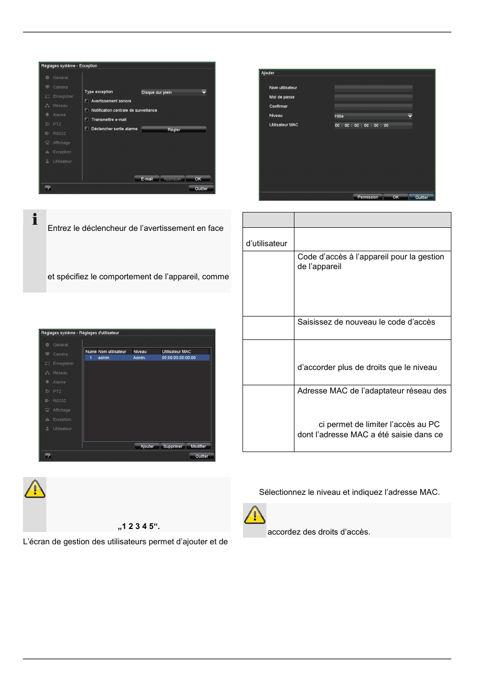 Paramètres : avertissement, Paramètres : utilisateur, Menu appareil | ABUS TVVR20001 User Manual | Page 163 / 313