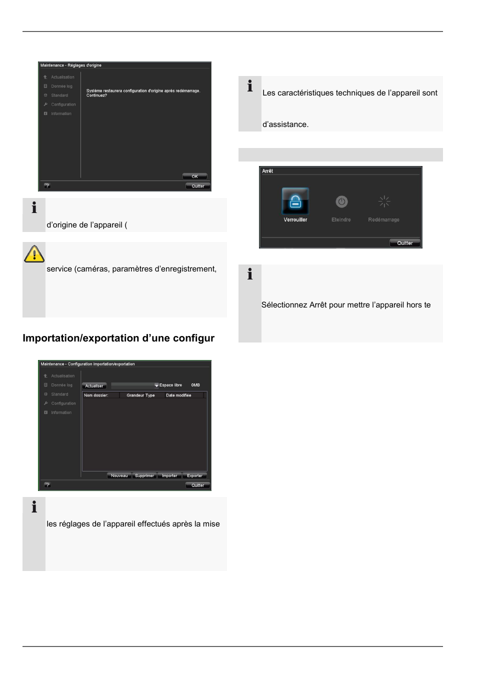 Réinitialisation du système, Importation/exportation d’une configura- tion, Informations | Menu appareil, Arrêt | ABUS TVVR20001 User Manual | Page 167 / 313