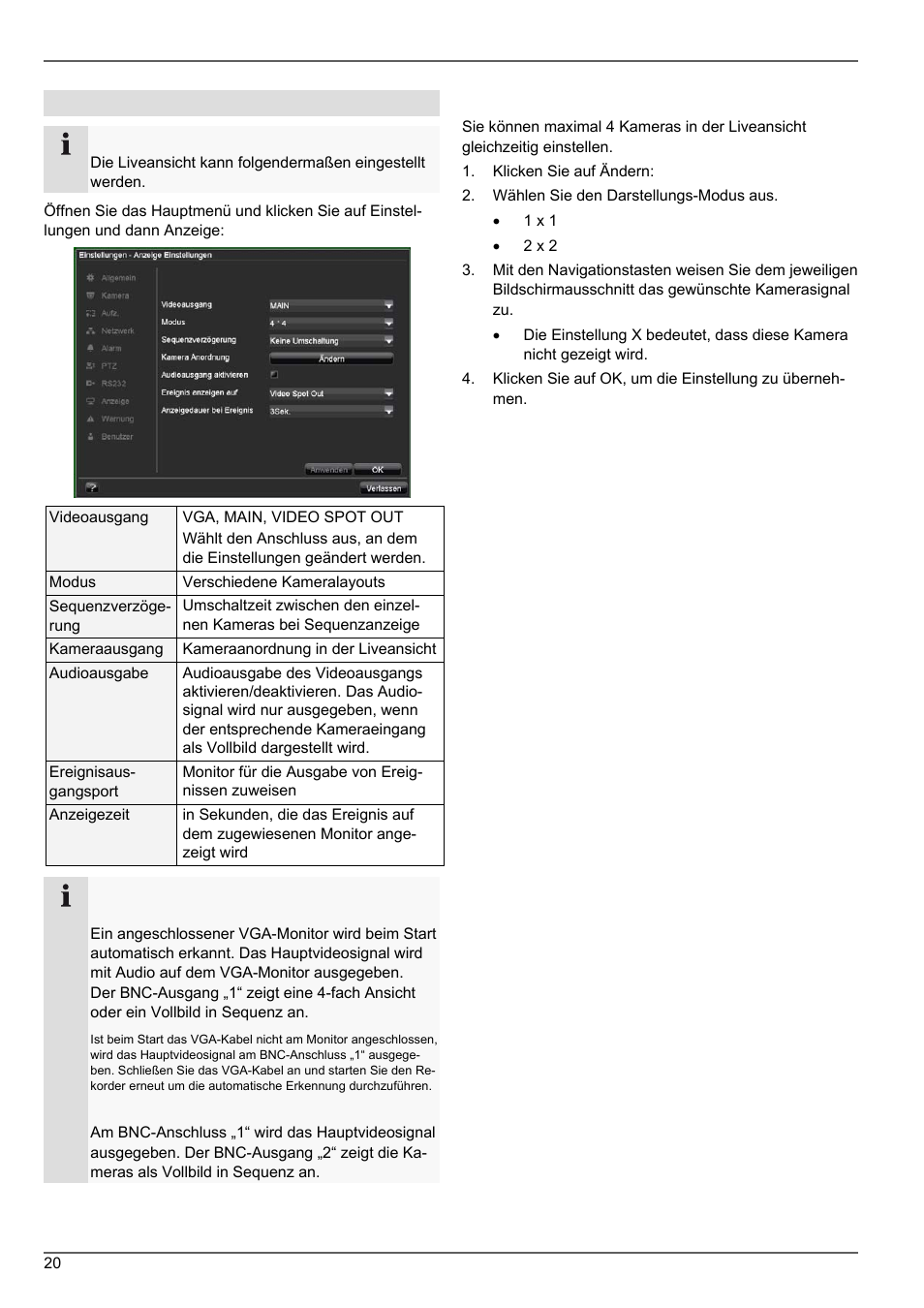 Kameraausgang einstellen, Liveansicht, Einstellungen | ABUS TVVR20001 User Manual | Page 20 / 313