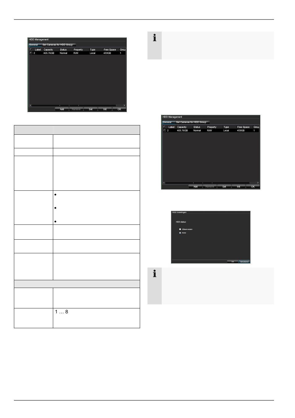 Harde schijf initialiseren, Parameters voor de harde schijven, Hdd instellen | Hoofdmenu | ABUS TVVR20001 User Manual | Page 219 / 313