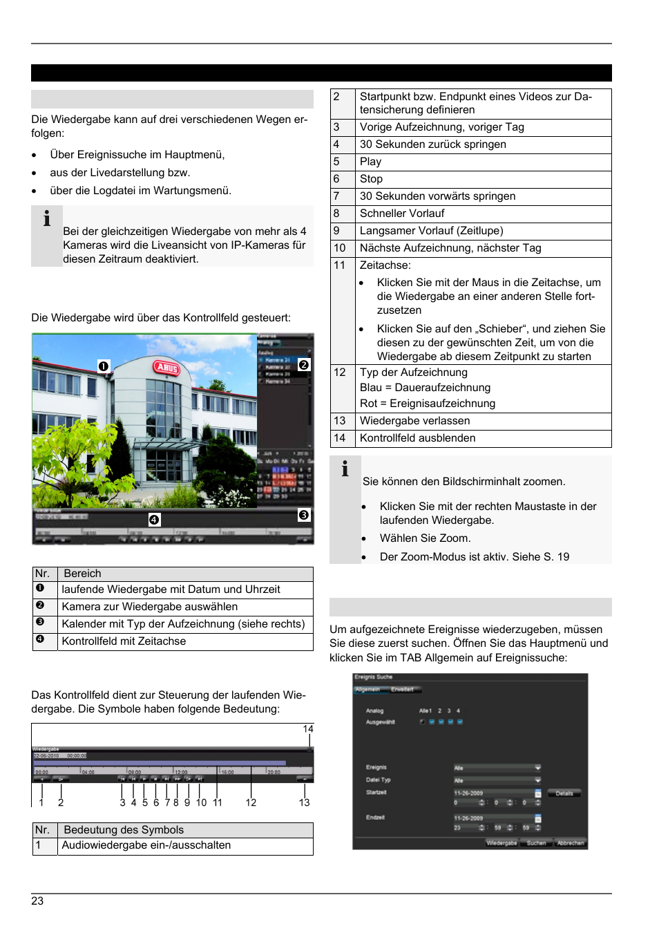 Wiedergabe, Der wiedergabe-bildschirm, Steuerung über kontrollfeld | ABUS TVVR20001 User Manual | Page 23 / 313