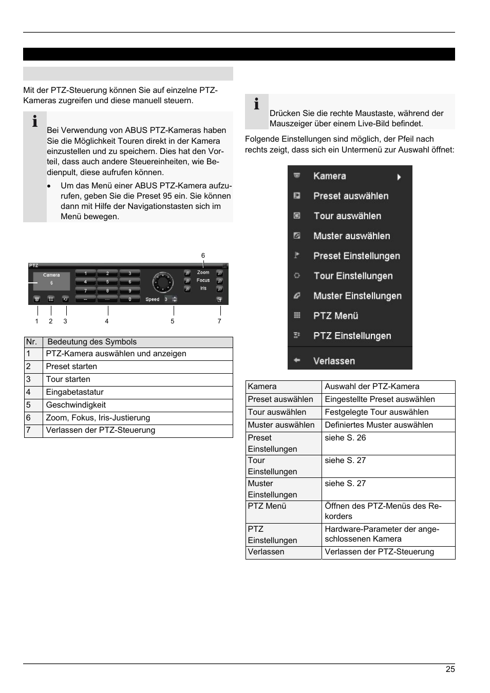 Ptz-steuerung, Steuerung über das ptz-kontrollfeld, Popup-menü bei mausbedienung | ABUS TVVR20001 User Manual | Page 25 / 313