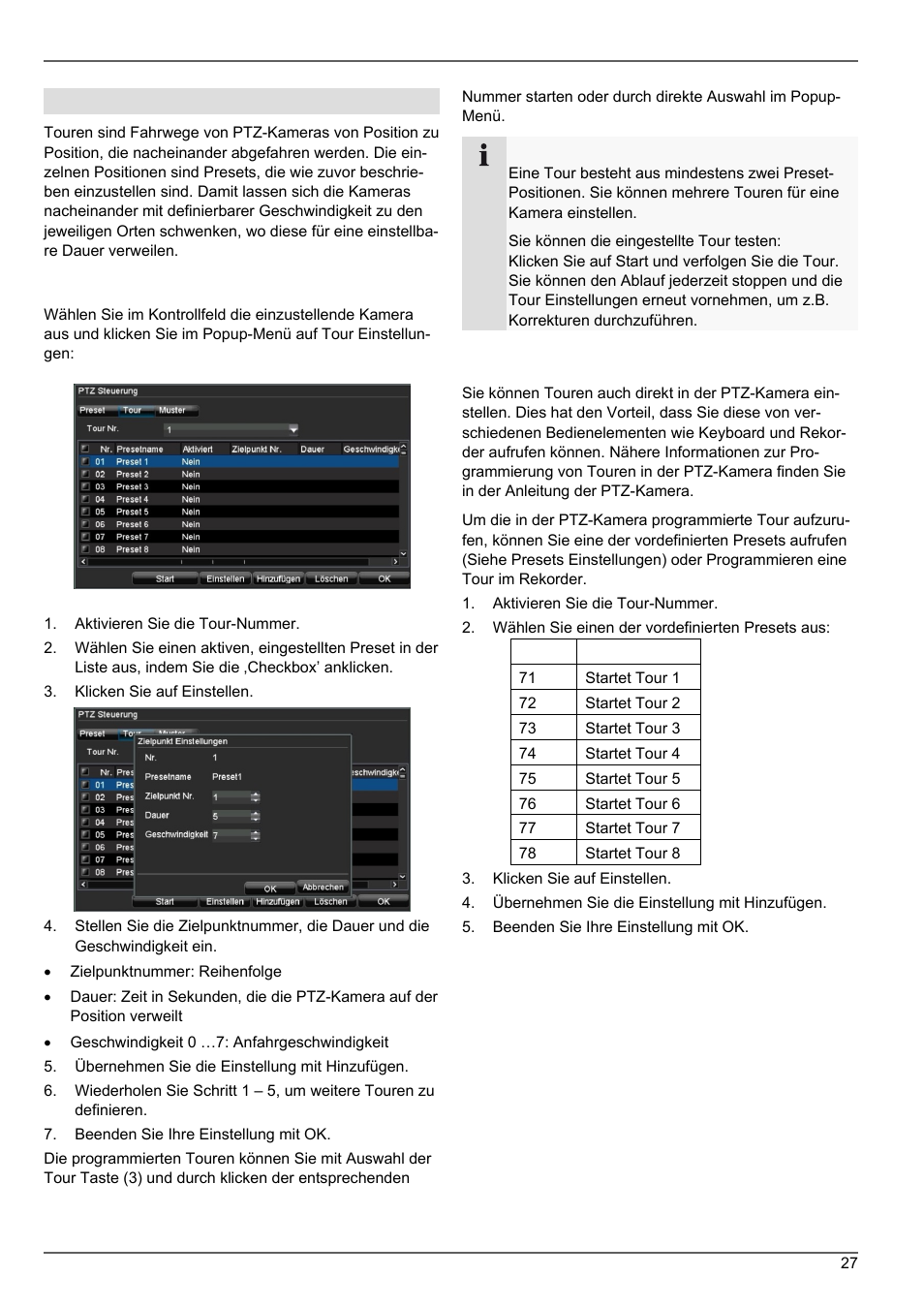 Touren im rekorder festlegen, Touren von der ptz-kamera aufrufen | ABUS TVVR20001 User Manual | Page 27 / 313