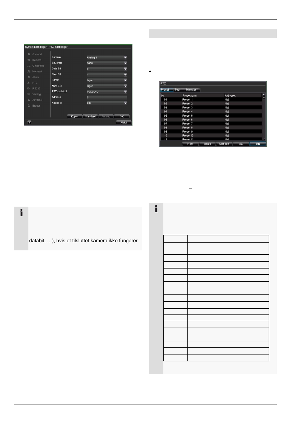 Ptz-indstillinger, Ptz-styring, Preset-indstillinger | ABUS TVVR20001 User Manual | Page 277 / 313