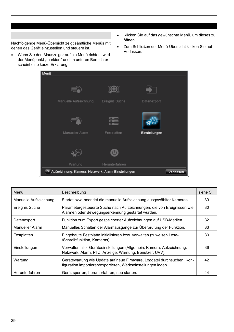 Gerätemenü, Menübeschreibung | ABUS TVVR20001 User Manual | Page 29 / 313