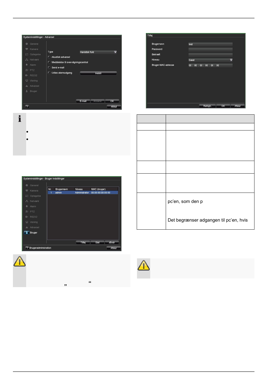 Indstillinger: advarsel, Indstillinger: bruger, Apparatmenu | ABUS TVVR20001 User Manual | Page 291 / 313