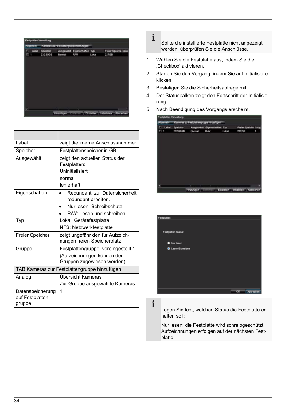 Festplatte initialisieren, Parameter der festplattenverwaltung, Festplatte einstellen | ABUS TVVR20001 User Manual | Page 34 / 313