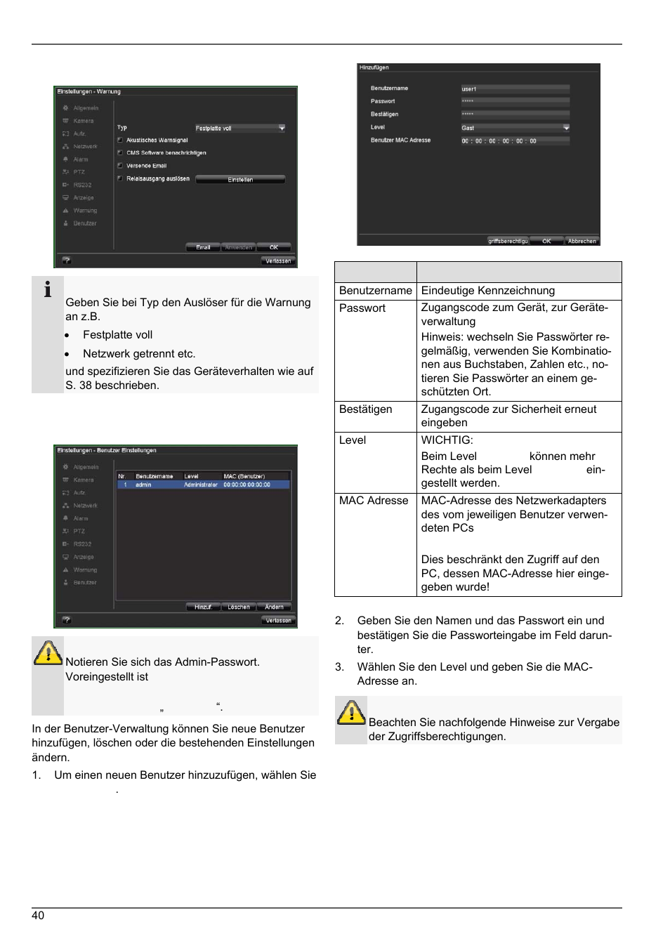 Einstellungen: warnung, Einstellungen: benutzer | ABUS TVVR20001 User Manual | Page 40 / 313