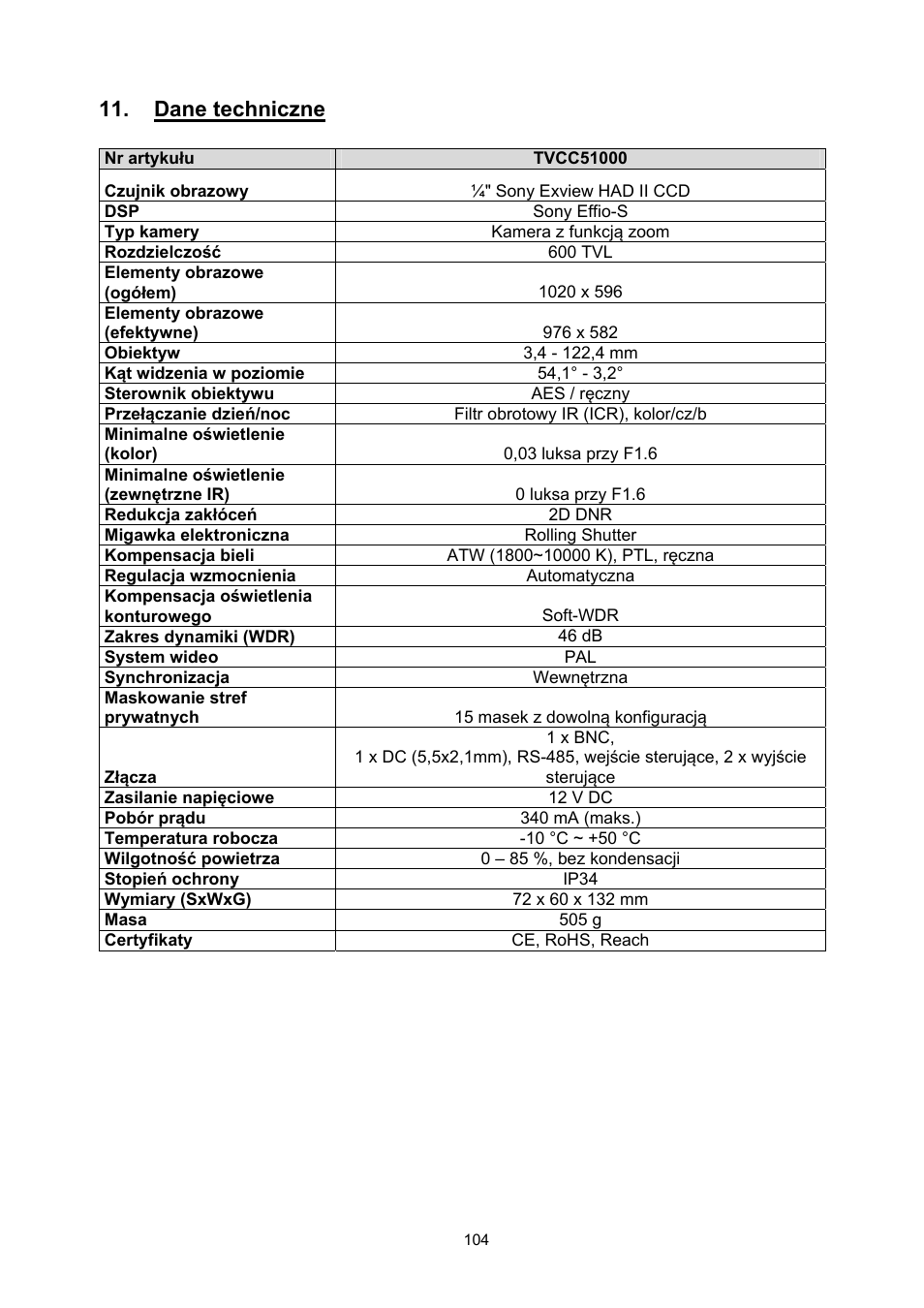 Dane techniczne | ABUS TVCC51000 User Manual | Page 104 / 105