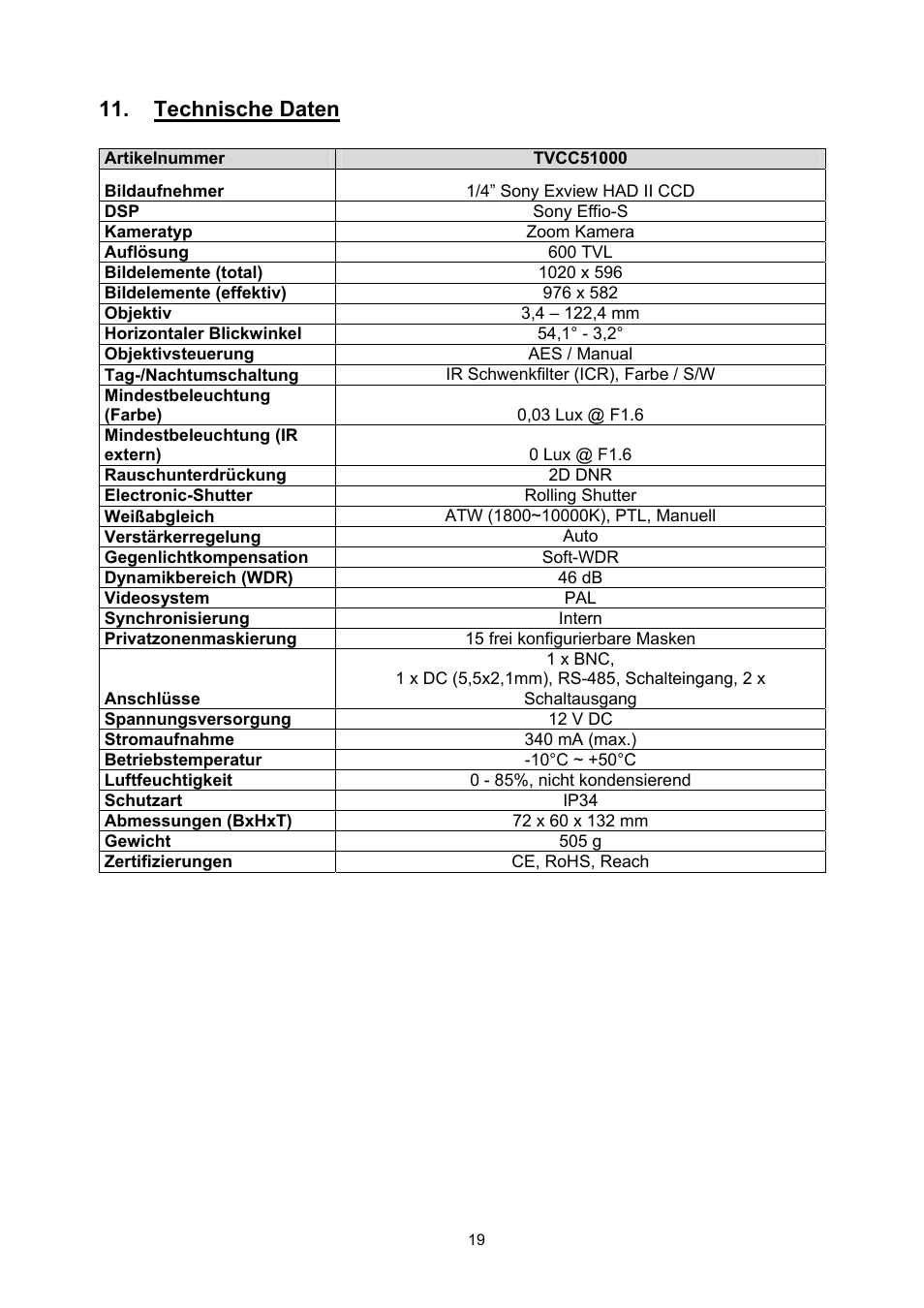 Technische daten | ABUS TVCC51000 User Manual | Page 19 / 105