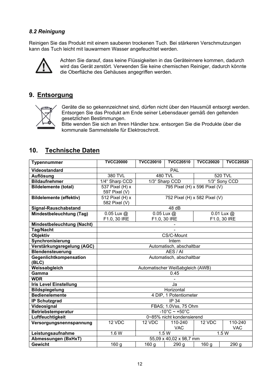 Entsorgung, Technische daten | ABUS TVCC20000-TVCC20541 User Manual | Page 12 / 58