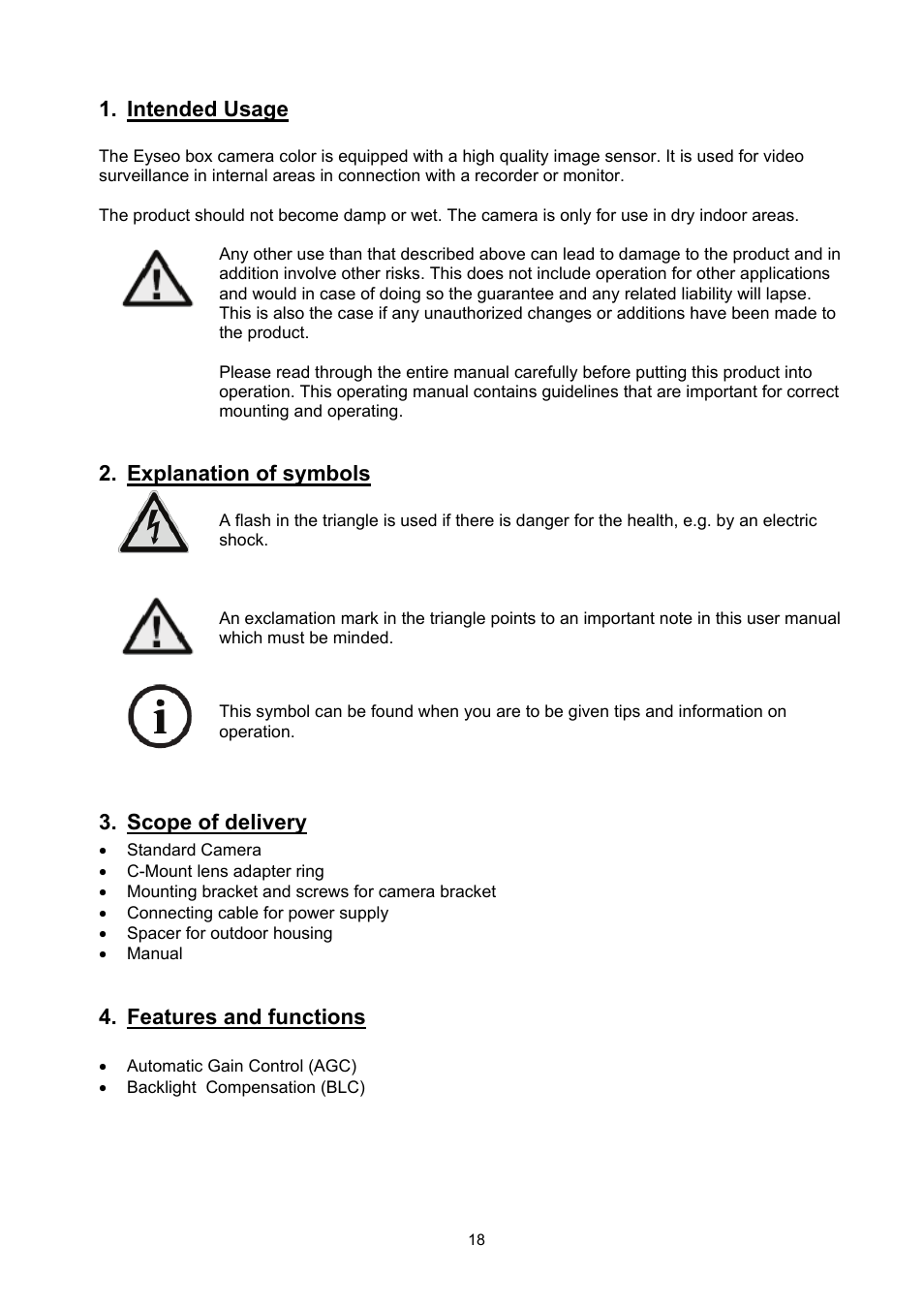 Intended usage, Explanation of symbols, Scope of delivery | Features and functions | ABUS TVCC20000-TVCC20541 User Manual | Page 18 / 58