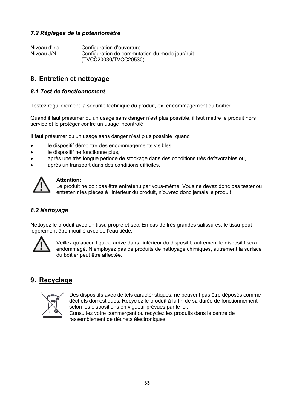 Entretien et nettoyage, Recyclage | ABUS TVCC20000-TVCC20541 User Manual | Page 33 / 58