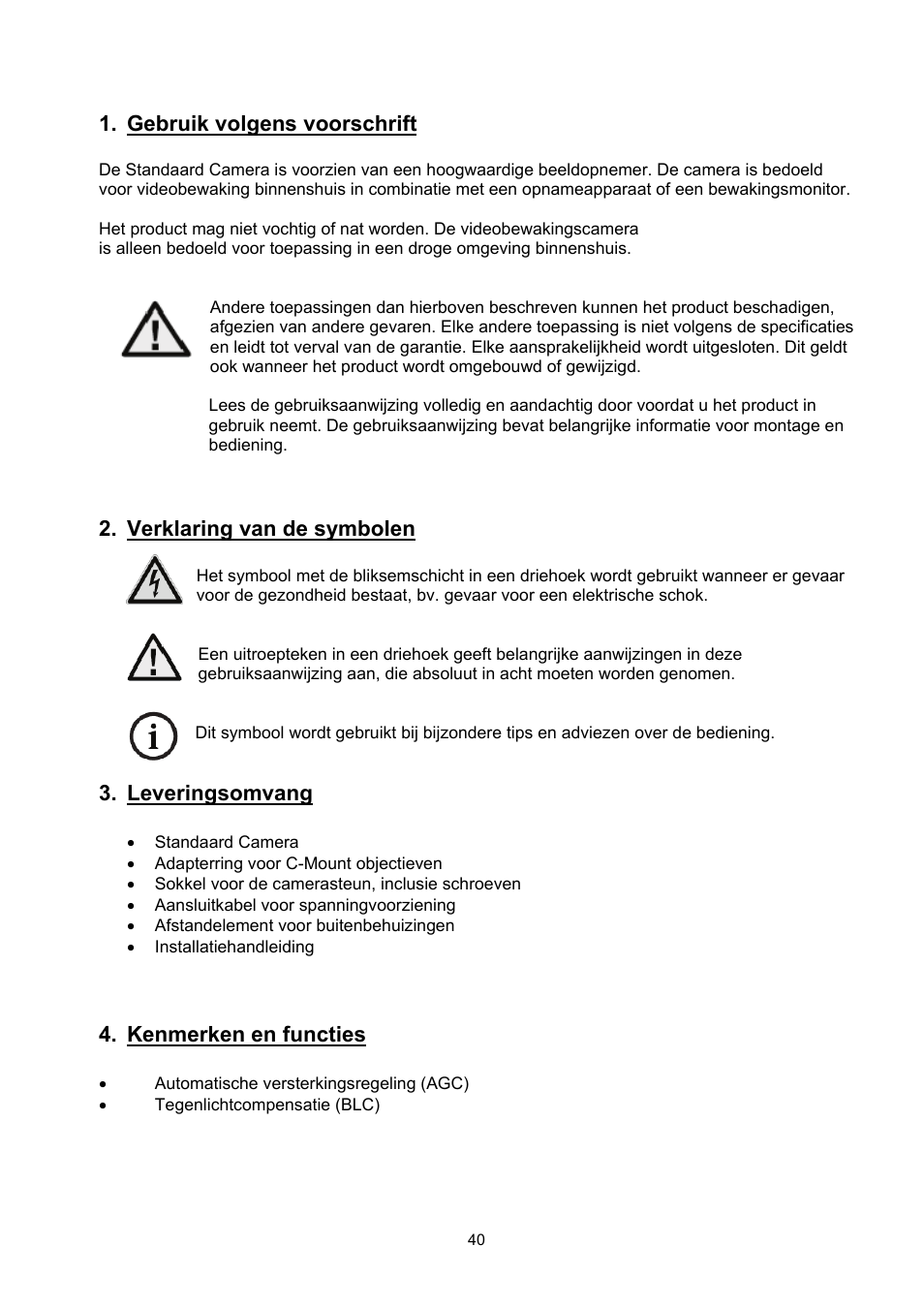 Gebruik volgens voorschrift, Verklaring van de symbolen, Leveringsomvang | Kenmerken en functies | ABUS TVCC20000-TVCC20541 User Manual | Page 40 / 58