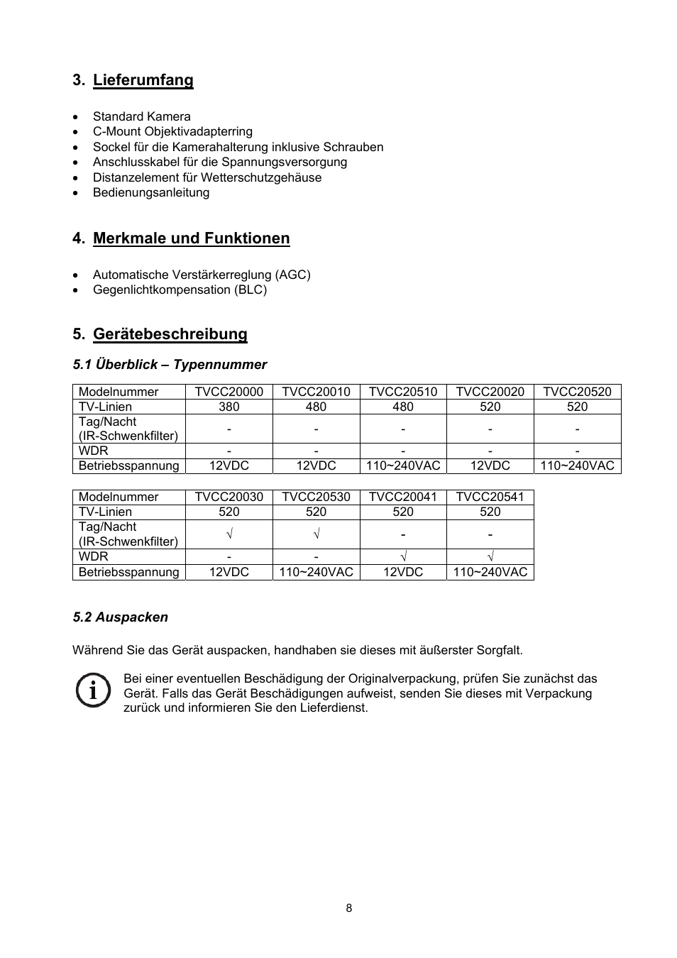 Lieferumfang, Merkmale und funktionen, Gerätebeschreibung | ABUS TVCC20000-TVCC20541 User Manual | Page 8 / 58