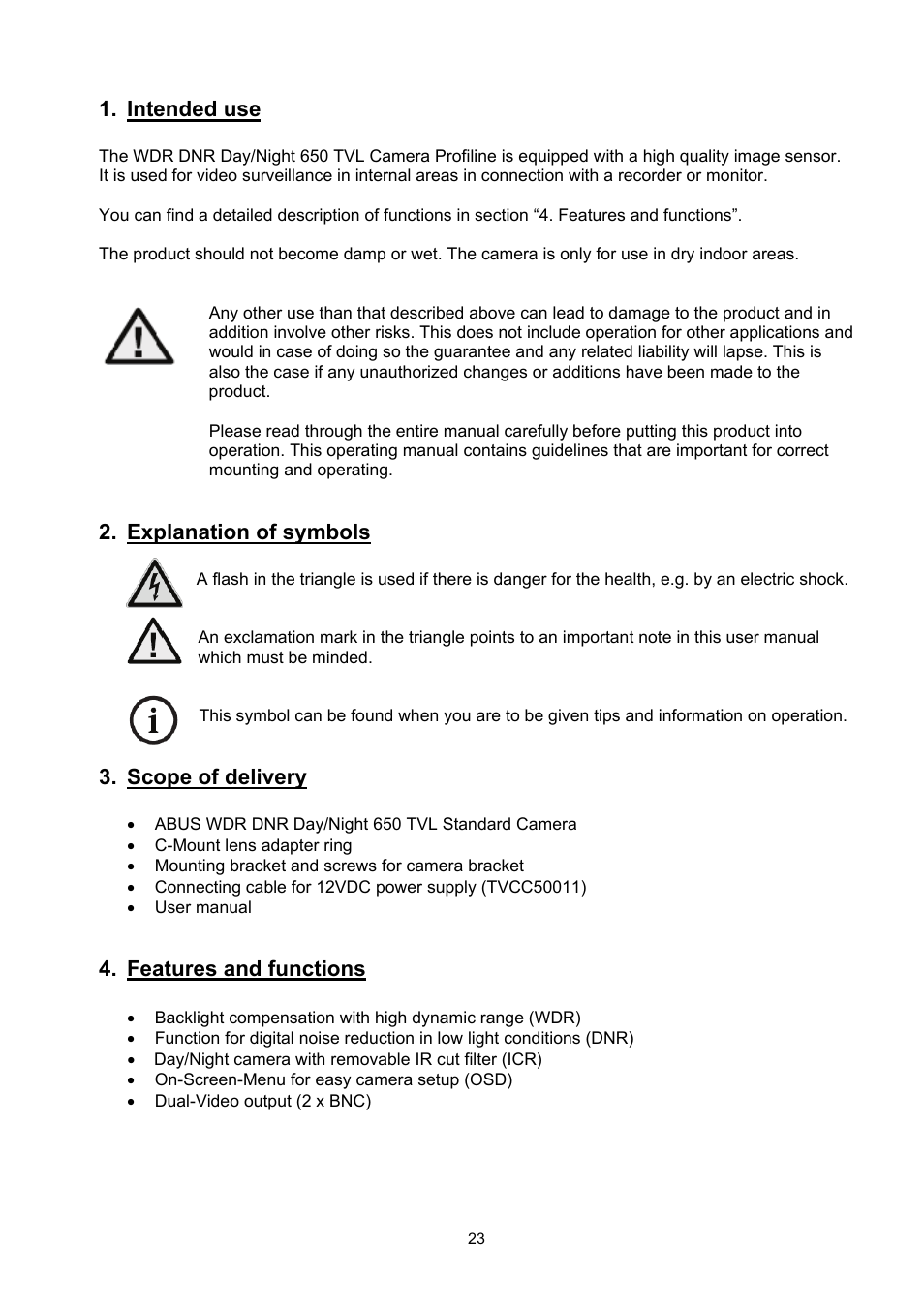 Intended use, Explanation of symbols, Scope of delivery | Features and functions | ABUS TVCC50511 User Manual | Page 23 / 82