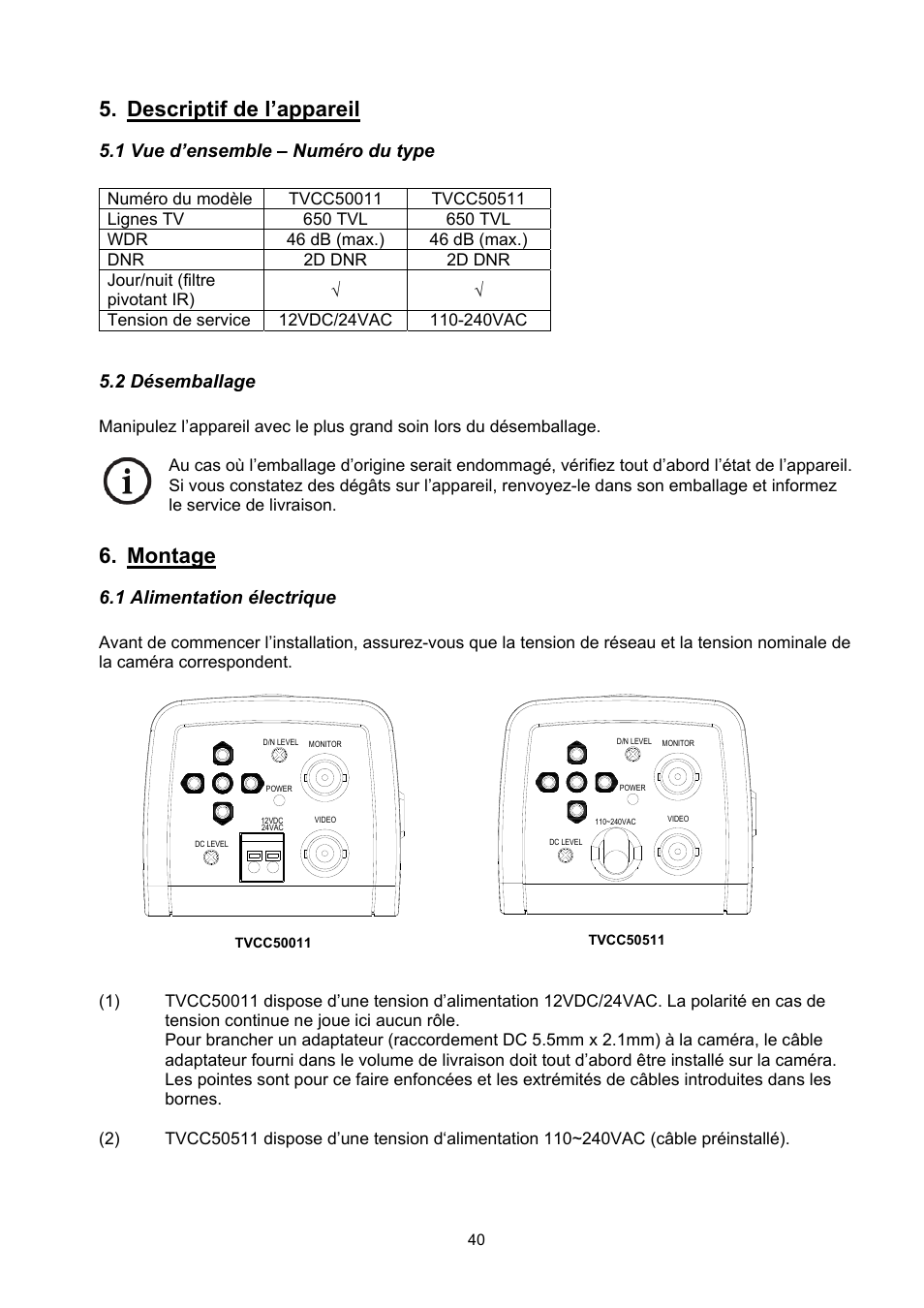 Descriptif de l’appareil, Montage, 1 vue d’ensemble – numéro du type | 2 désemballage, 1 alimentation électrique | ABUS TVCC50511 User Manual | Page 40 / 82