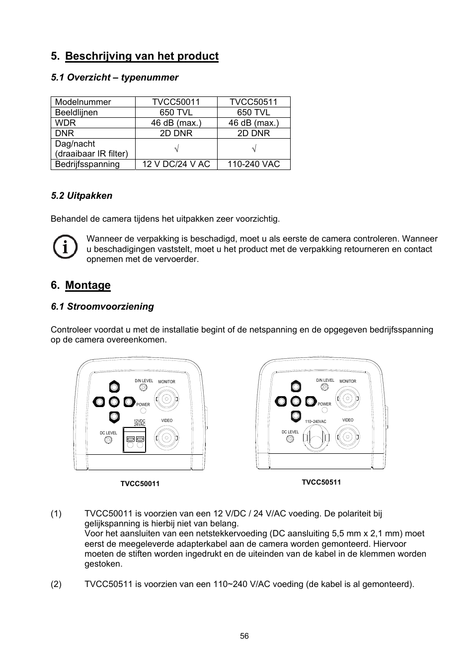 Beschrijving van het product, Montage, 1 overzicht – typenummer | 2 uitpakken, 1 stroomvoorziening | ABUS TVCC50511 User Manual | Page 56 / 82