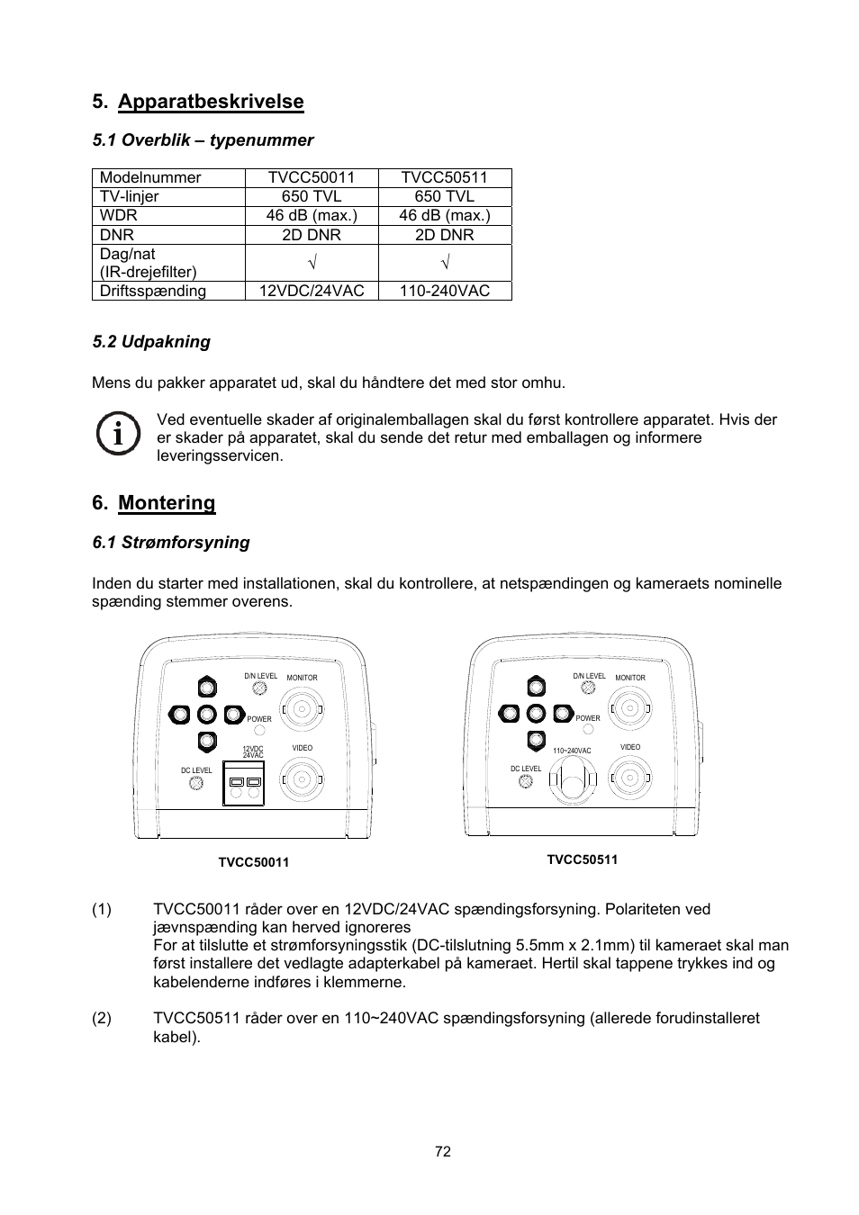 Apparatbeskrivelse, Montering, 1 overblik – typenummer | 2 udpakning, 1 strømforsyning | ABUS TVCC50511 User Manual | Page 72 / 82