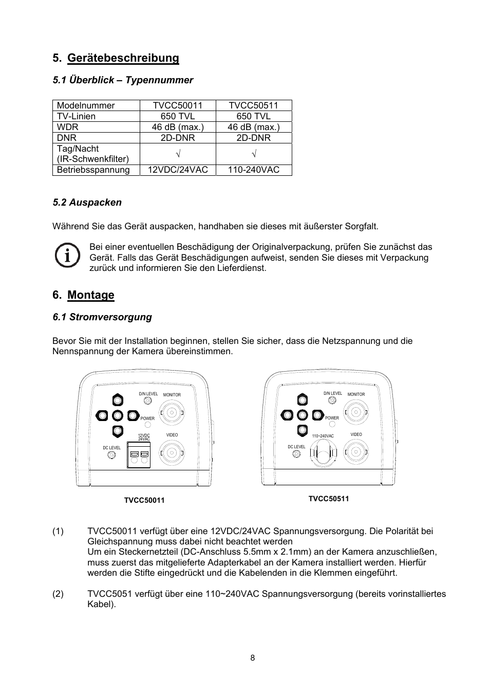 Gerätebeschreibung, Montage, 1 überblick – typennummer | 2 auspacken, 1 stromversorgung | ABUS TVCC50511 User Manual | Page 8 / 82