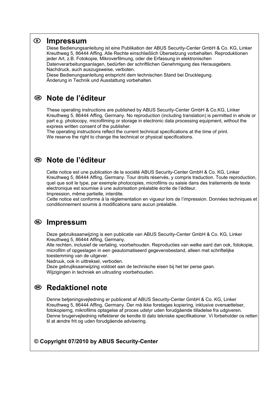 D impressum, Nl impressum | ABUS TVCC50030 User Manual | Page 102 / 102